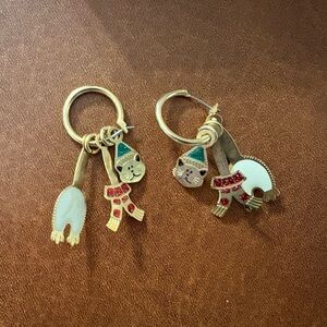 Gold Cat Earrings with Red and Green Accents